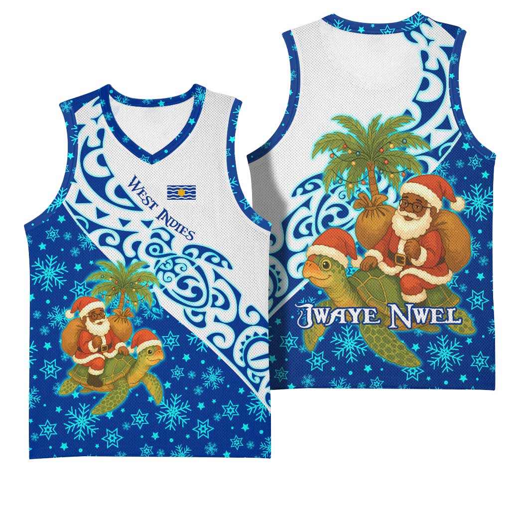 West Indies Christmas Basketball Jersey with Santa Riding Turtle Palm Tree and Tribal Snowflake Design - Wonder Print Shop