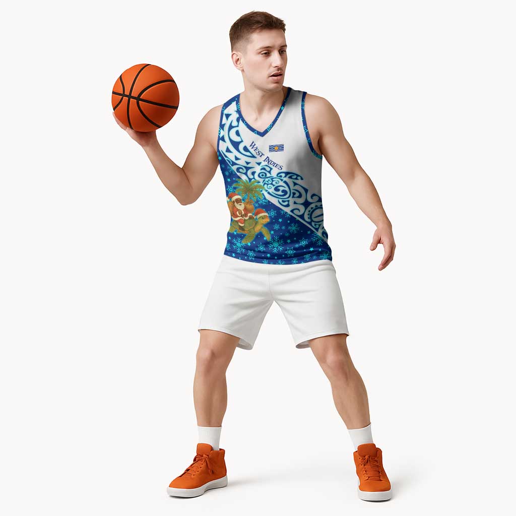 West Indies Christmas Basketball Jersey with Santa Riding Turtle Palm Tree and Tribal Snowflake Design - Wonder Print Shop