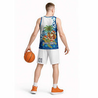 West Indies Christmas Basketball Jersey with Santa Riding Turtle Palm Tree and Tribal Snowflake Design - Wonder Print Shop