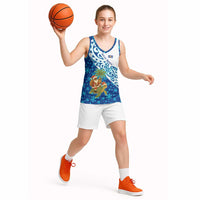 West Indies Christmas Basketball Jersey with Santa Riding Turtle Palm Tree and Tribal Snowflake Design - Wonder Print Shop