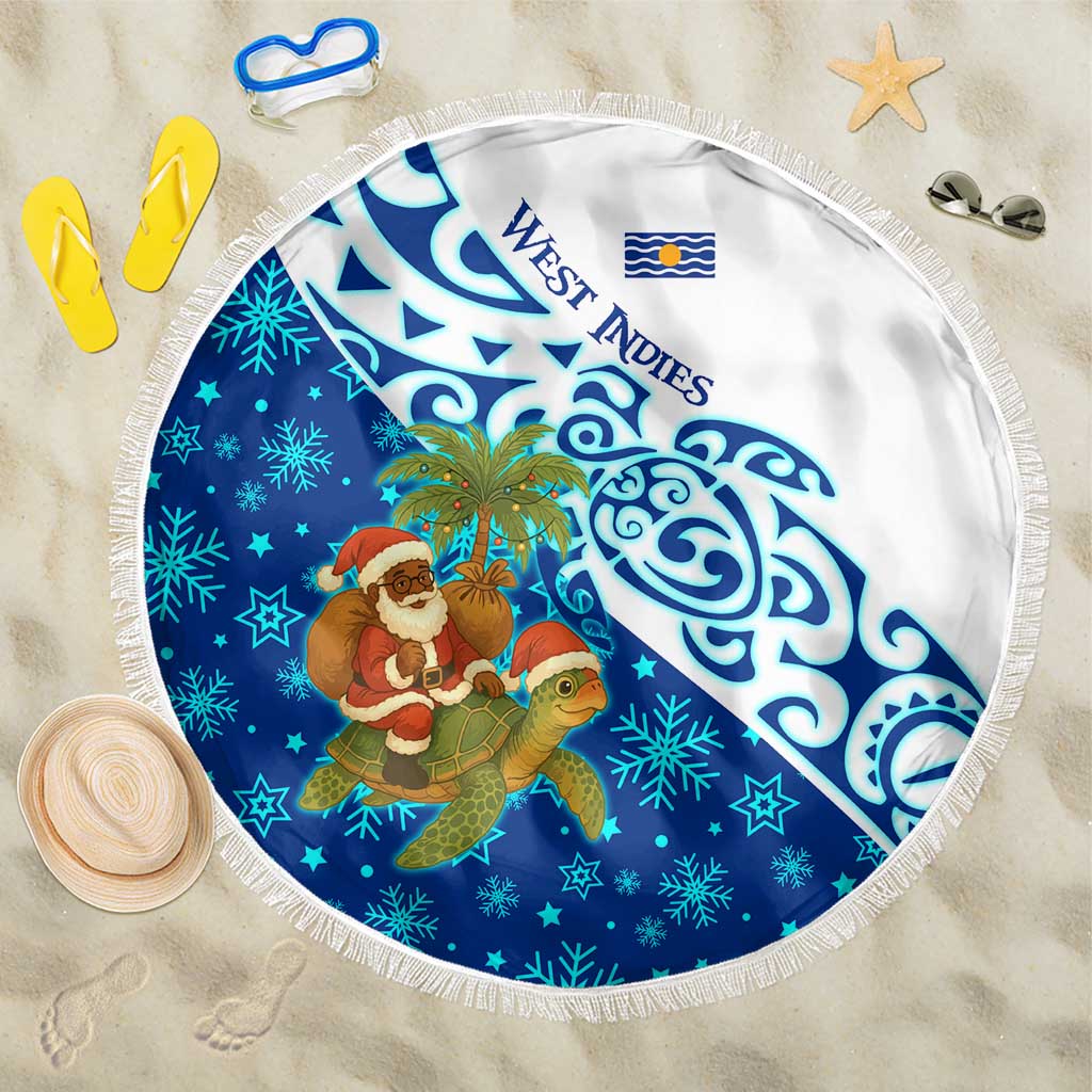 West Indies Christmas Beach Blanket with Santa Riding Turtle Palm Tree and Tribal Snowflake Design - Wonder Print Shop