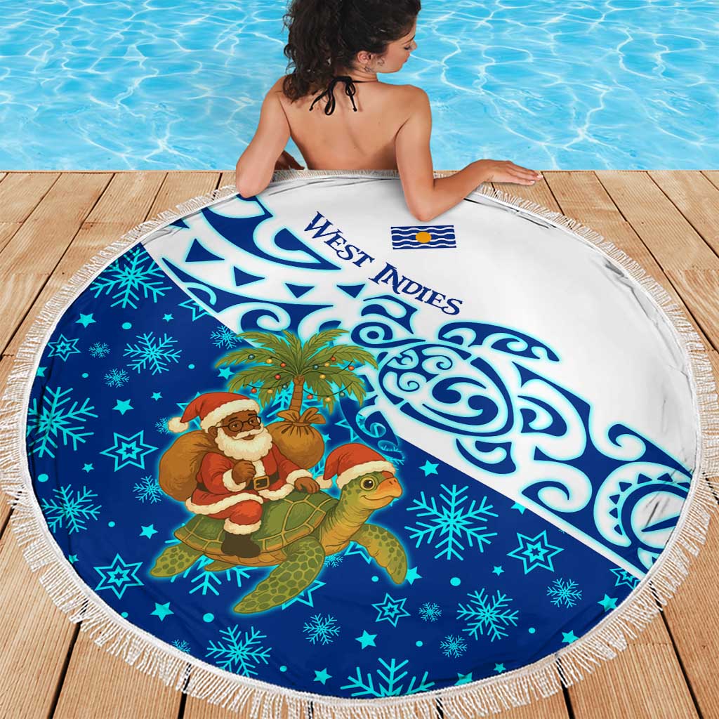 West Indies Christmas Beach Blanket with Santa Riding Turtle Palm Tree and Tribal Snowflake Design - Wonder Print Shop
