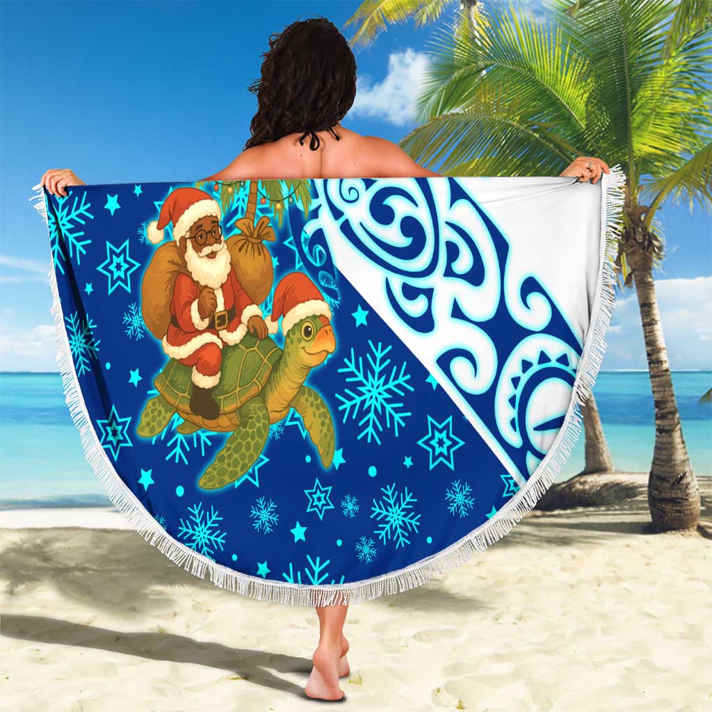 West Indies Christmas Beach Blanket with Santa Riding Turtle Palm Tree and Tribal Snowflake Design - Wonder Print Shop