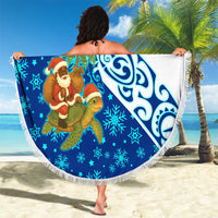 West Indies Christmas Beach Blanket with Santa Riding Turtle Palm Tree and Tribal Snowflake Design - Wonder Print Shop