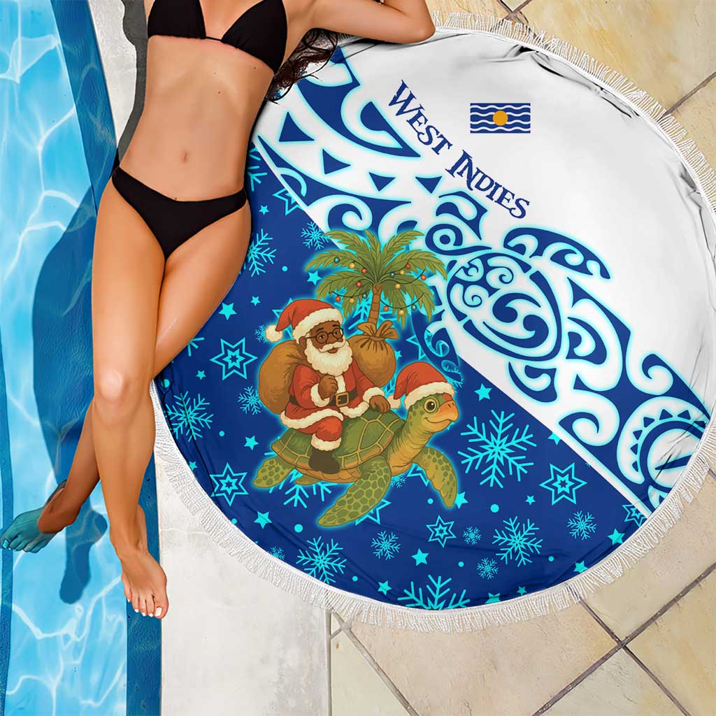 West Indies Christmas Beach Blanket with Santa Riding Turtle Palm Tree and Tribal Snowflake Design - Wonder Print Shop