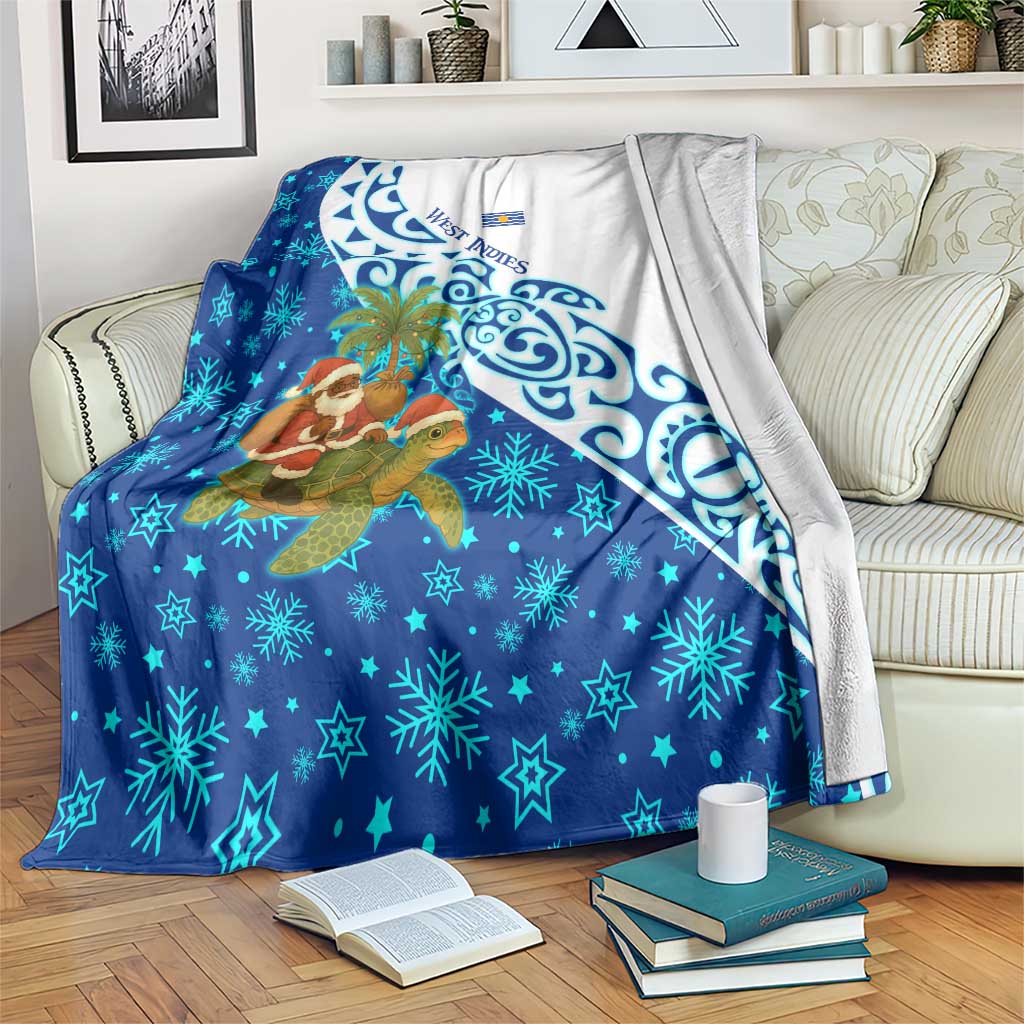 West Indies Christmas Blanket with Santa Riding Turtle Palm Tree and Tribal Snowflake Design - Wonder Print Shop