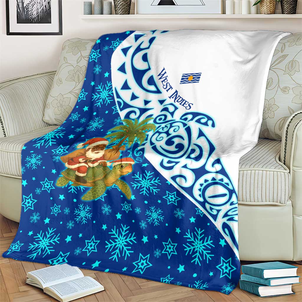 West Indies Christmas Blanket with Santa Riding Turtle Palm Tree and Tribal Snowflake Design - Wonder Print Shop