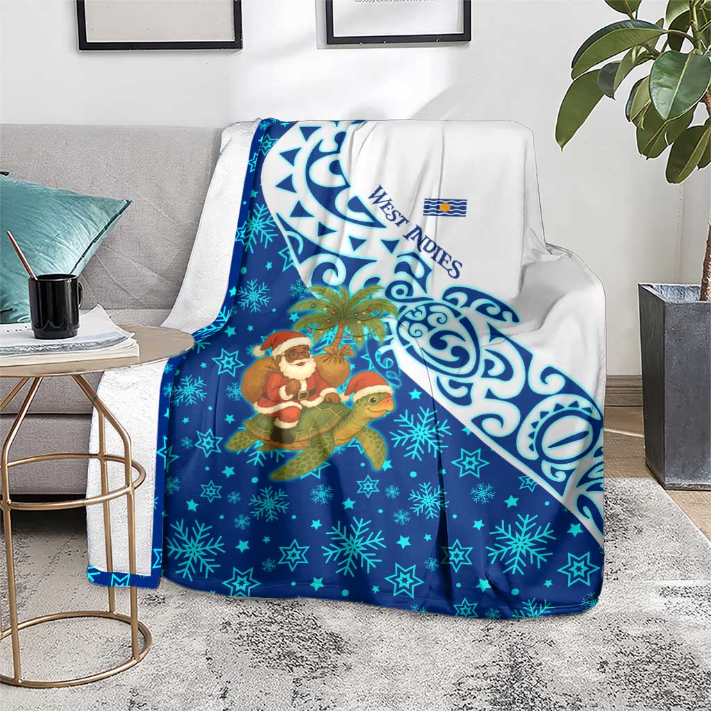 West Indies Christmas Blanket with Santa Riding Turtle Palm Tree and Tribal Snowflake Design - Wonder Print Shop