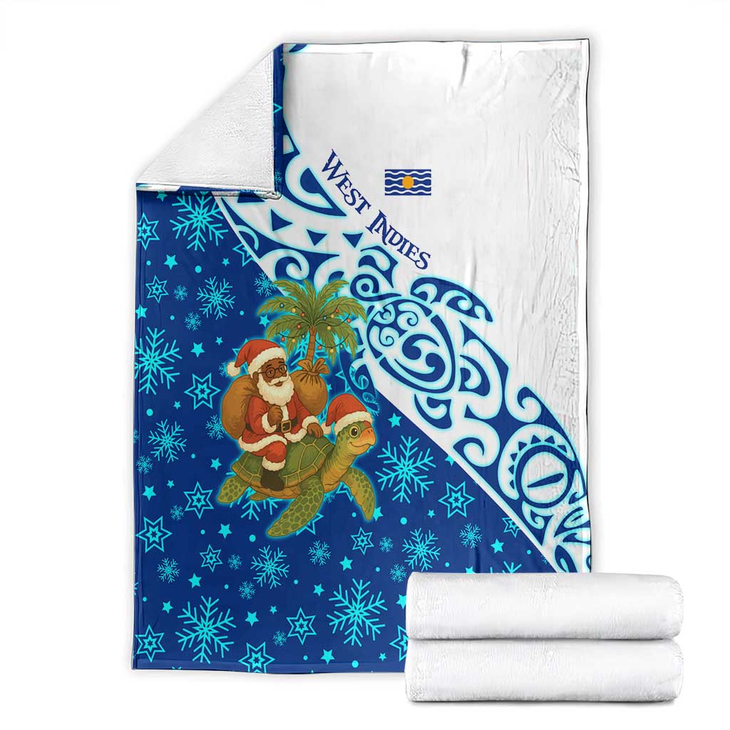 West Indies Christmas Blanket with Santa Riding Turtle Palm Tree and Tribal Snowflake Design - Wonder Print Shop