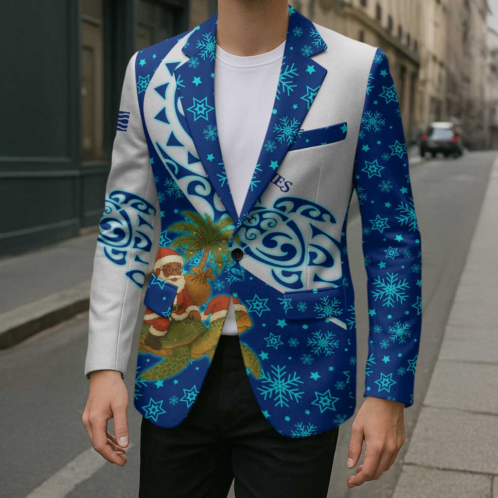 West Indies Christmas Blazer with Santa Riding Turtle Palm Tree and Tribal Snowflake Design - Wonder Print Shop