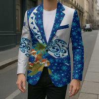 West Indies Christmas Blazer with Santa Riding Turtle Palm Tree and Tribal Snowflake Design - Wonder Print Shop