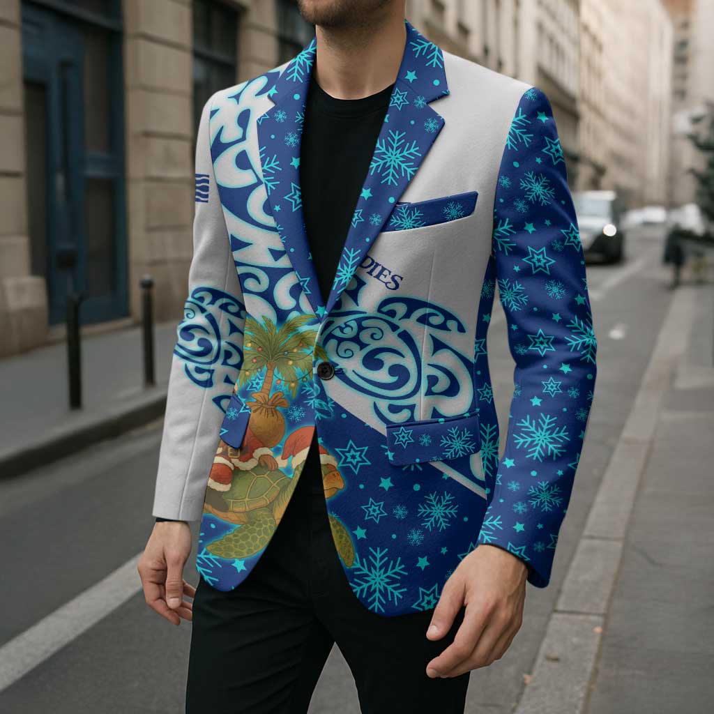 West Indies Christmas Blazer with Santa Riding Turtle Palm Tree and Tribal Snowflake Design - Wonder Print Shop