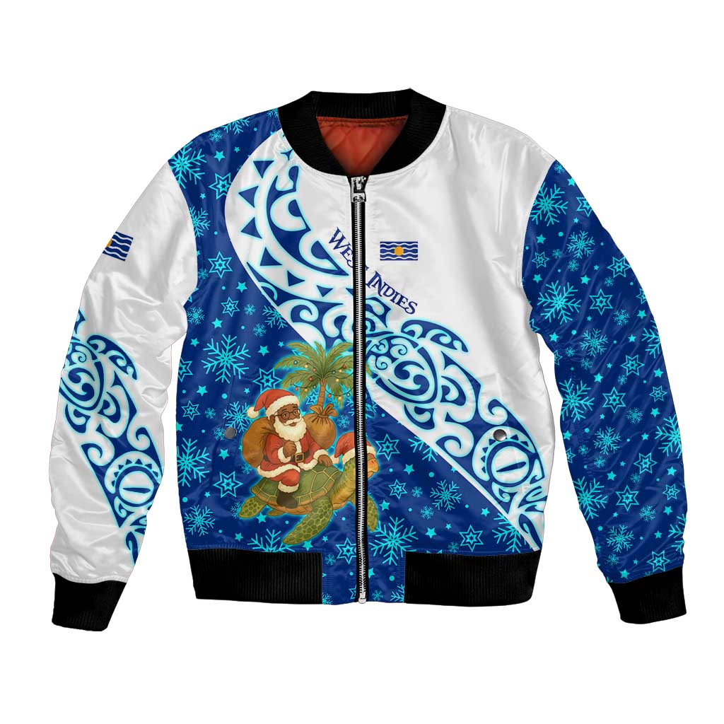 West Indies Christmas Bomber Jacket with Santa Riding Turtle Palm Tree and Tribal Snowflake Design - Wonder Print Shop