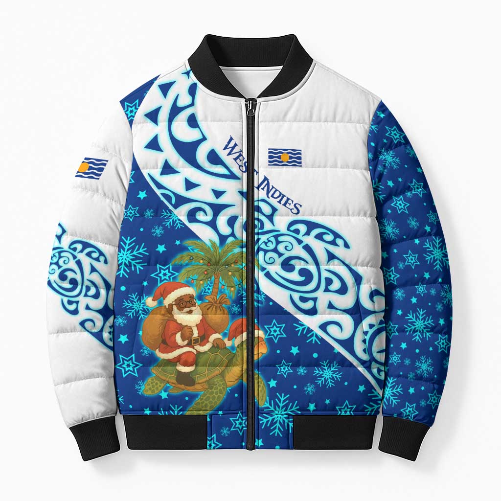 West Indies Christmas Bomber Puffer Jacket with Santa Riding Turtle Palm Tree and Tribal Snowflake Design - Wonder Print Shop