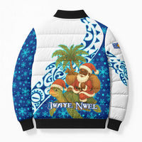 West Indies Christmas Bomber Puffer Jacket with Santa Riding Turtle Palm Tree and Tribal Snowflake Design - Wonder Print Shop