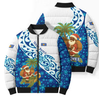 West Indies Christmas Bomber Puffer Jacket with Santa Riding Turtle Palm Tree and Tribal Snowflake Design - Wonder Print Shop