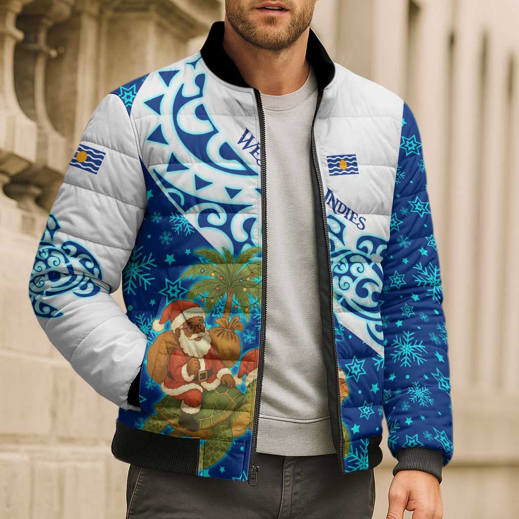 West Indies Christmas Bomber Puffer Jacket with Santa Riding Turtle Palm Tree and Tribal Snowflake Design - Wonder Print Shop