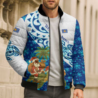 West Indies Christmas Bomber Puffer Jacket with Santa Riding Turtle Palm Tree and Tribal Snowflake Design - Wonder Print Shop