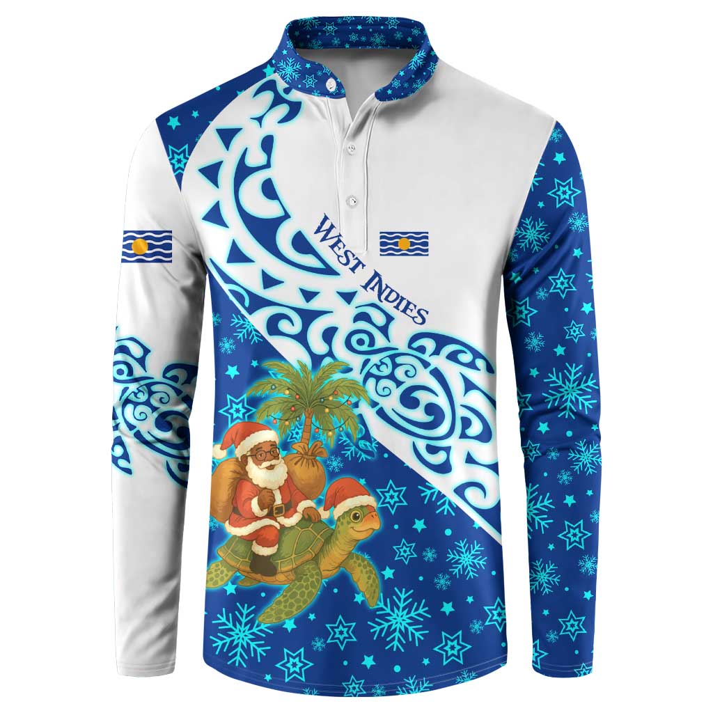 West Indies Christmas Button Sweatshirt with Santa Riding Turtle Palm Tree and Tribal Snowflake Design - Wonder Print Shop