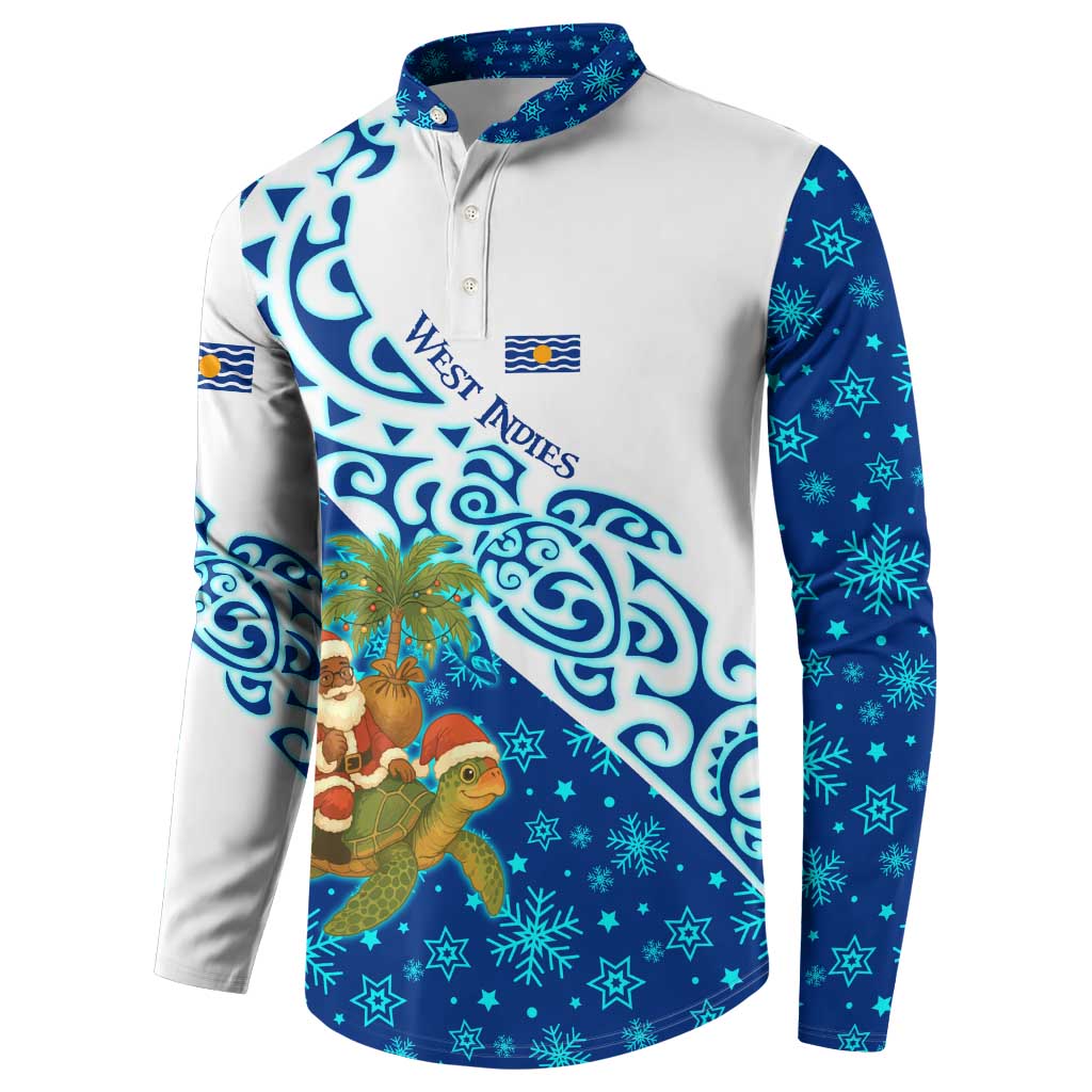 West Indies Christmas Button Sweatshirt with Santa Riding Turtle Palm Tree and Tribal Snowflake Design - Wonder Print Shop