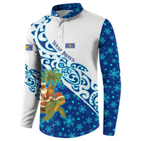 West Indies Christmas Button Sweatshirt with Santa Riding Turtle Palm Tree and Tribal Snowflake Design - Wonder Print Shop