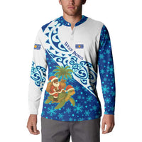 West Indies Christmas Button Sweatshirt with Santa Riding Turtle Palm Tree and Tribal Snowflake Design - Wonder Print Shop