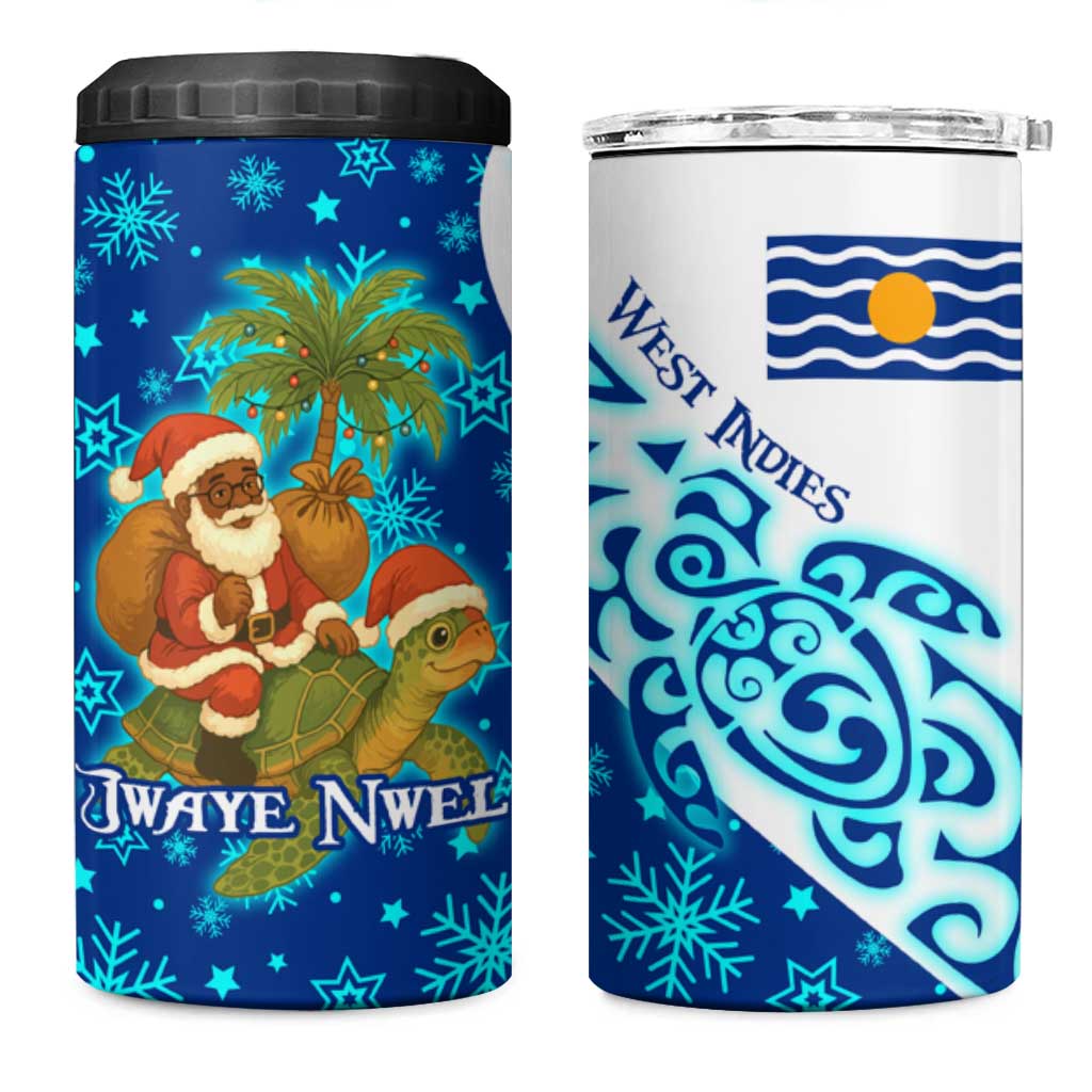West Indies Christmas 4 in 1 Can Cooler Tumbler with Santa Riding Turtle Palm Tree and Tribal Snowflake Design - Wonder Print Shop