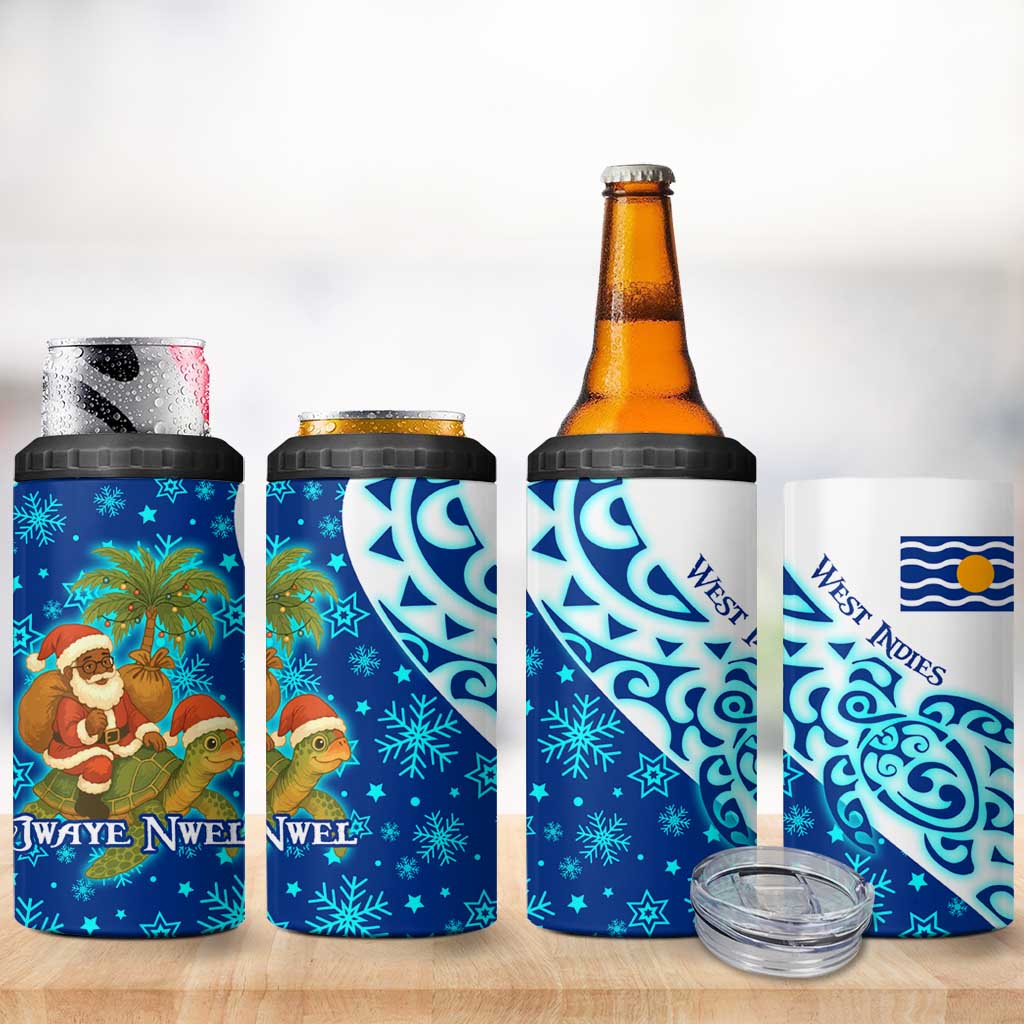 West Indies Christmas 4 in 1 Can Cooler Tumbler with Santa Riding Turtle Palm Tree and Tribal Snowflake Design - Wonder Print Shop