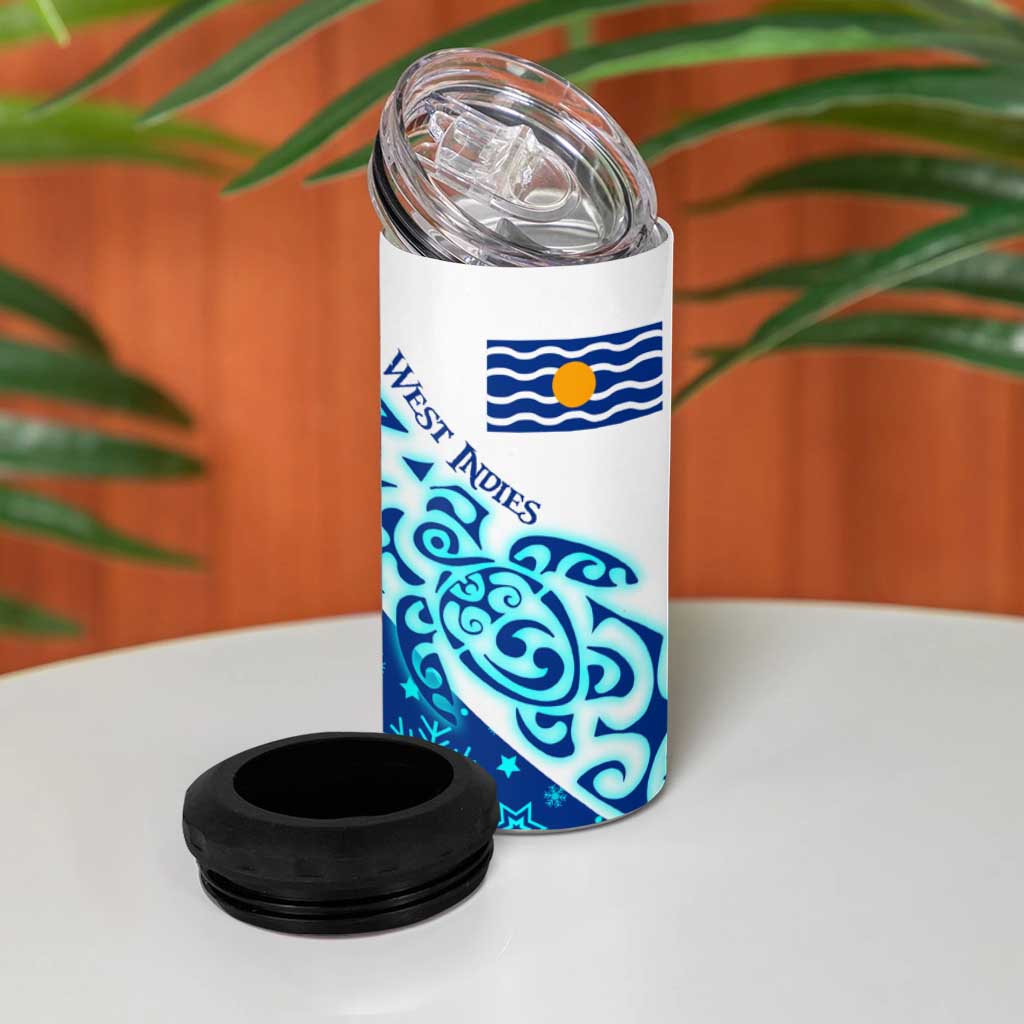 West Indies Christmas 4 in 1 Can Cooler Tumbler with Santa Riding Turtle Palm Tree and Tribal Snowflake Design - Wonder Print Shop