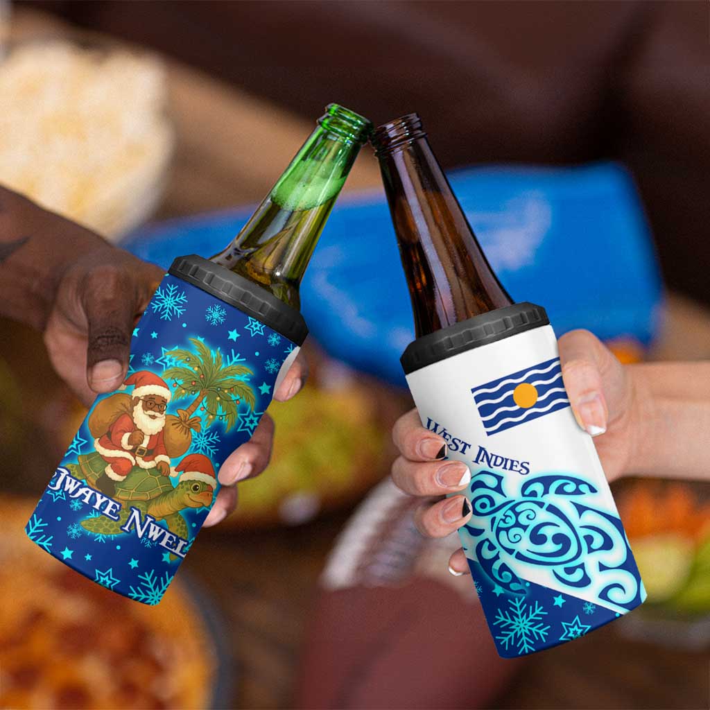 West Indies Christmas 4 in 1 Can Cooler Tumbler with Santa Riding Turtle Palm Tree and Tribal Snowflake Design - Wonder Print Shop