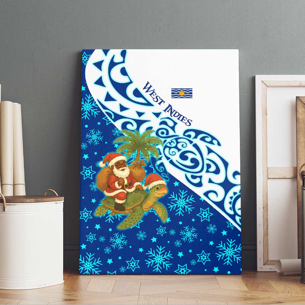 West Indies Christmas Canvas Wall Art with Santa Riding Turtle Palm Tree and Tribal Snowflake Design - Wonder Print Shop