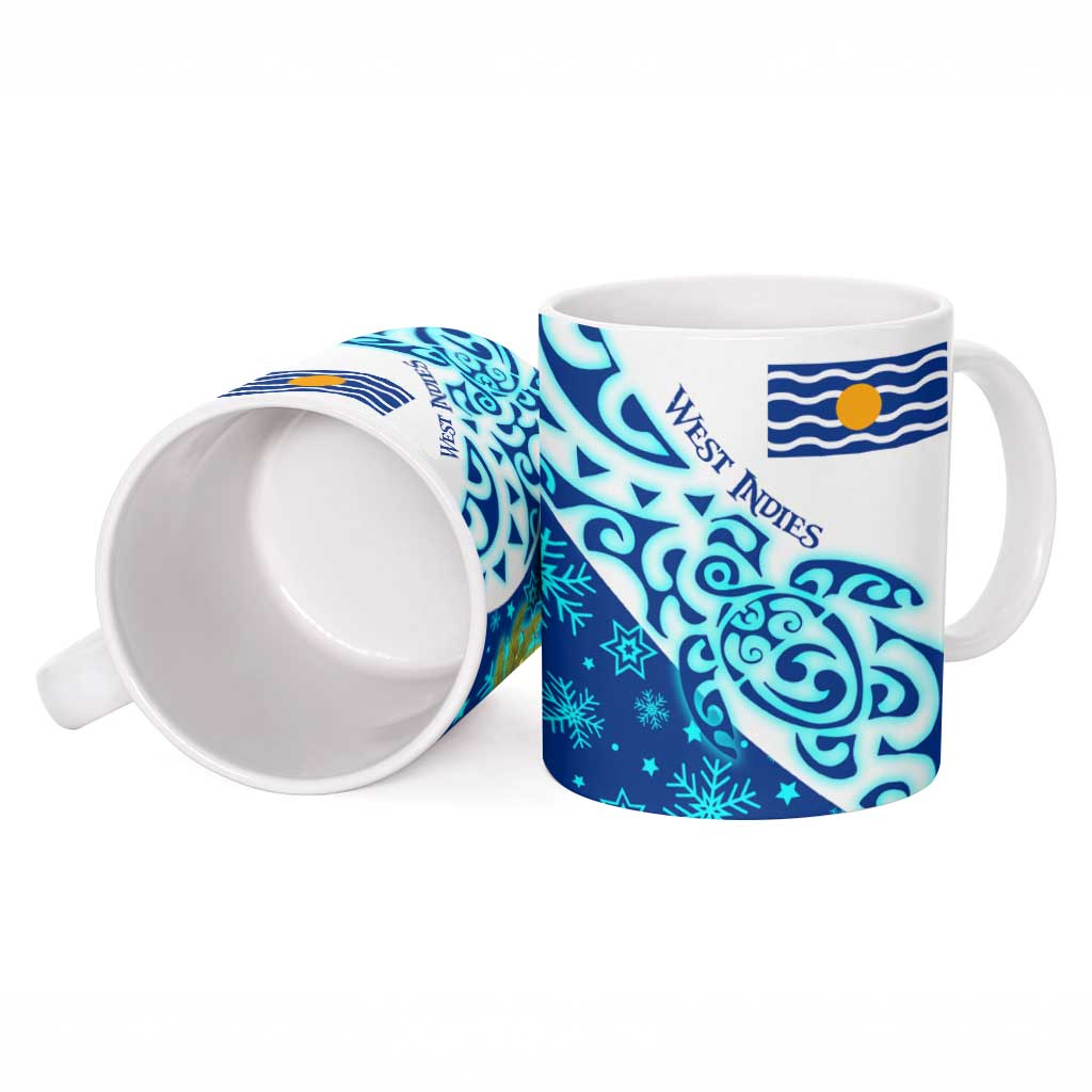 West Indies Christmas Ceramic Mug with Santa Riding Turtle Palm Tree and Tribal Snowflake Design - Wonder Print Shop