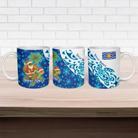 West Indies Christmas Ceramic Mug with Santa Riding Turtle Palm Tree and Tribal Snowflake Design - Wonder Print Shop