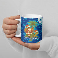 West Indies Christmas Ceramic Mug with Santa Riding Turtle Palm Tree and Tribal Snowflake Design - Wonder Print Shop