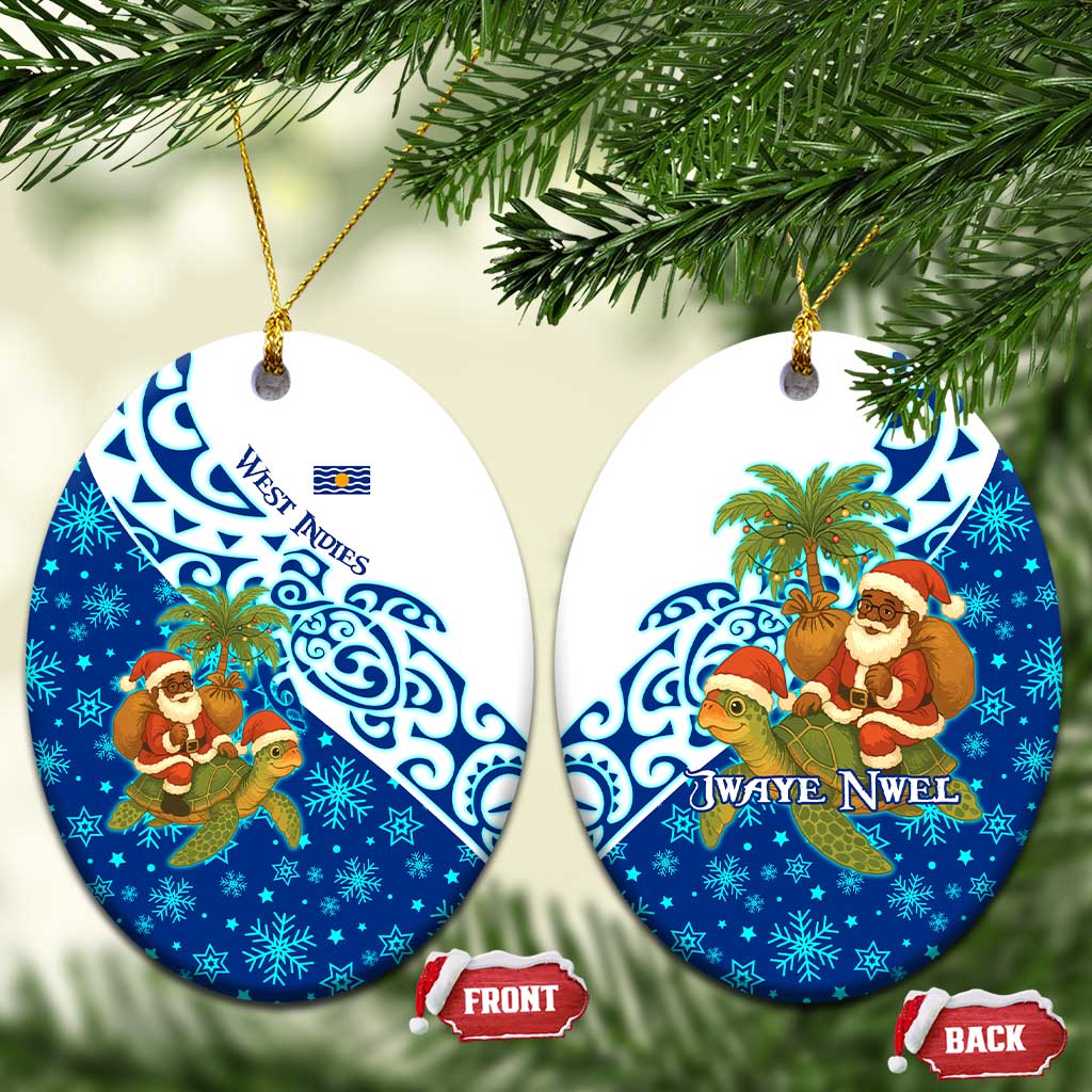 West Indies Christmas Ceramic Ornament with Santa Riding Turtle Palm Tree and Tribal Snowflake Design - Wonder Print Shop