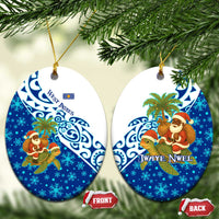 West Indies Christmas Ceramic Ornament with Santa Riding Turtle Palm Tree and Tribal Snowflake Design - Wonder Print Shop