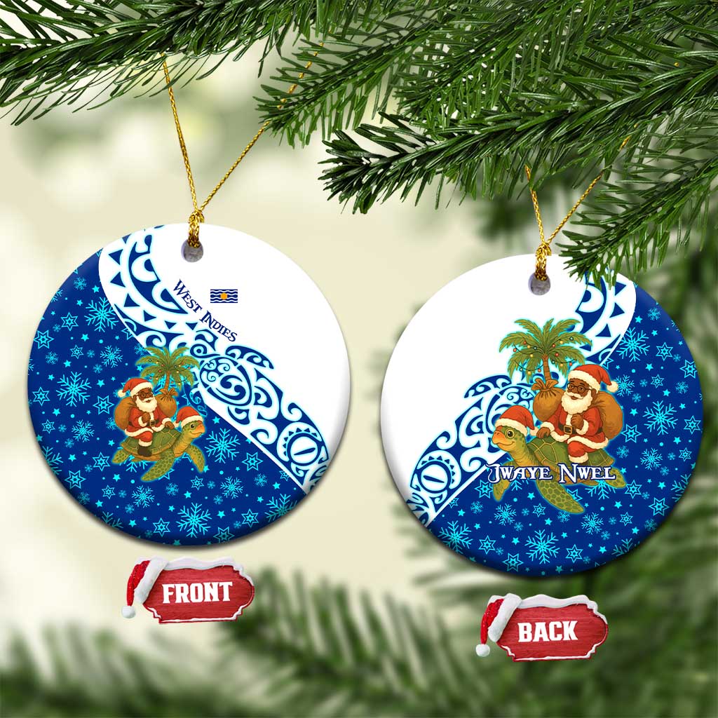 West Indies Christmas Ceramic Ornament with Santa Riding Turtle Palm Tree and Tribal Snowflake Design - Wonder Print Shop