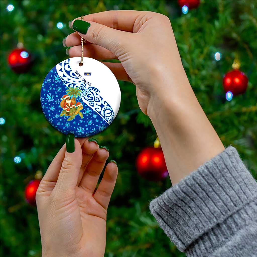 West Indies Christmas Ceramic Ornament with Santa Riding Turtle Palm Tree and Tribal Snowflake Design - Wonder Print Shop