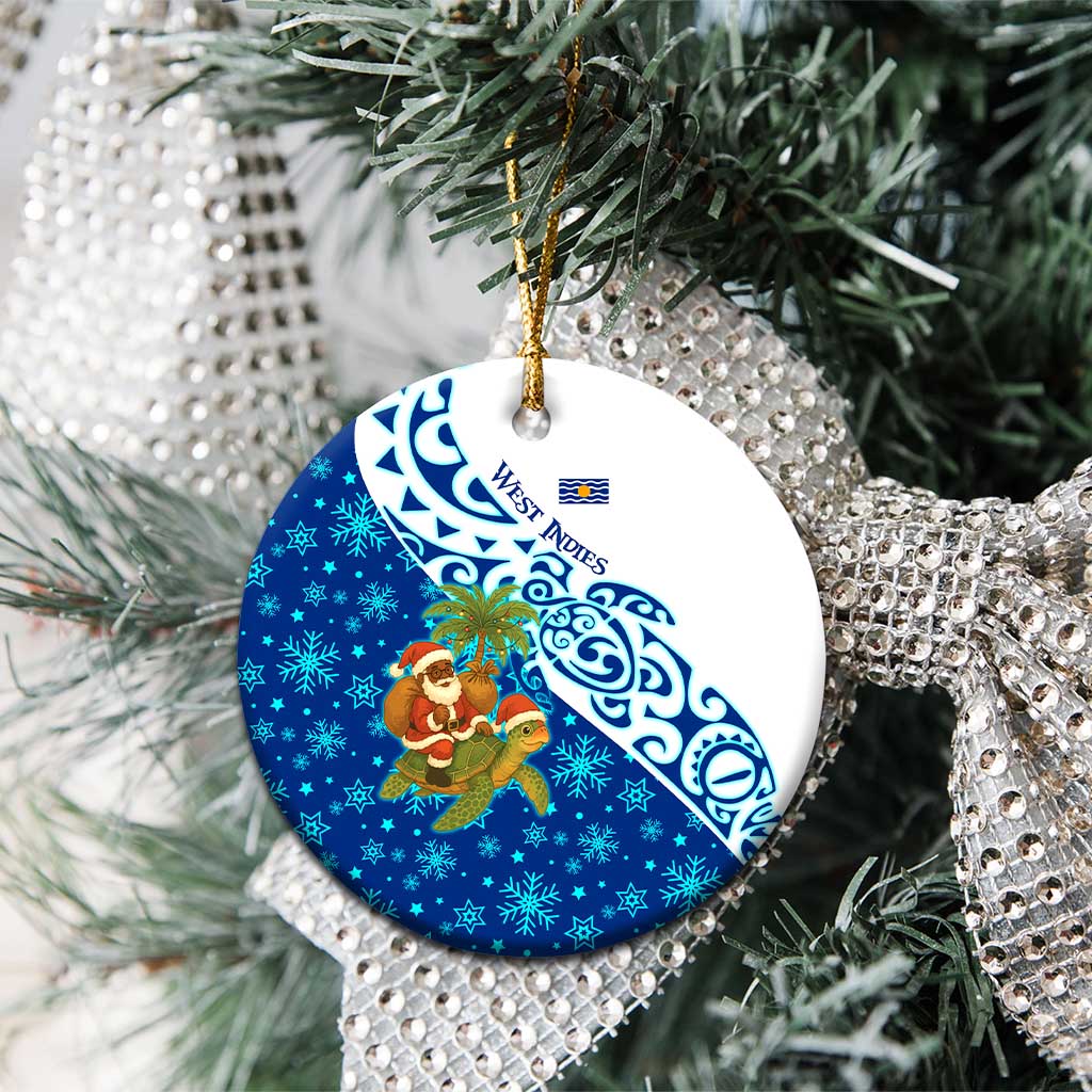 West Indies Christmas Ceramic Ornament with Santa Riding Turtle Palm Tree and Tribal Snowflake Design - Wonder Print Shop