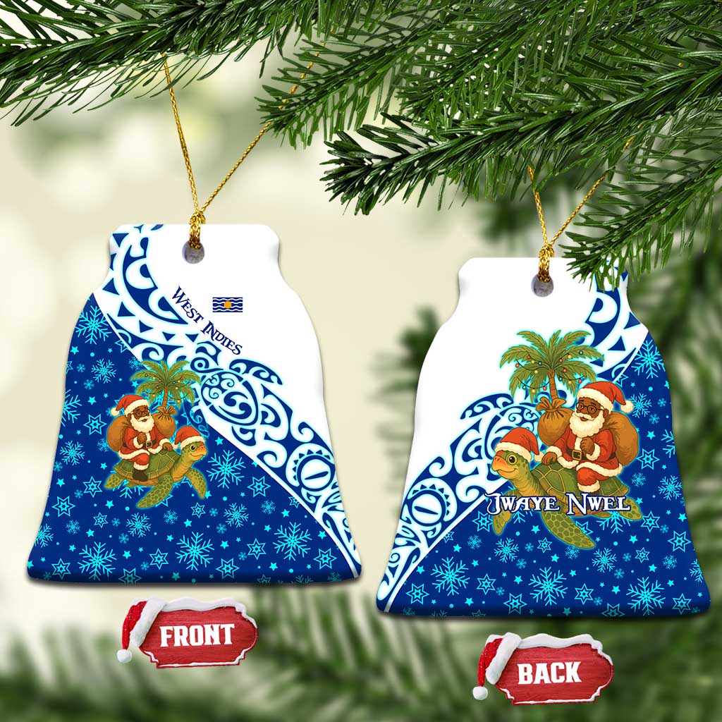 West Indies Christmas Ceramic Ornament with Santa Riding Turtle Palm Tree and Tribal Snowflake Design - Wonder Print Shop