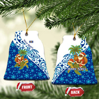 West Indies Christmas Ceramic Ornament with Santa Riding Turtle Palm Tree and Tribal Snowflake Design - Wonder Print Shop