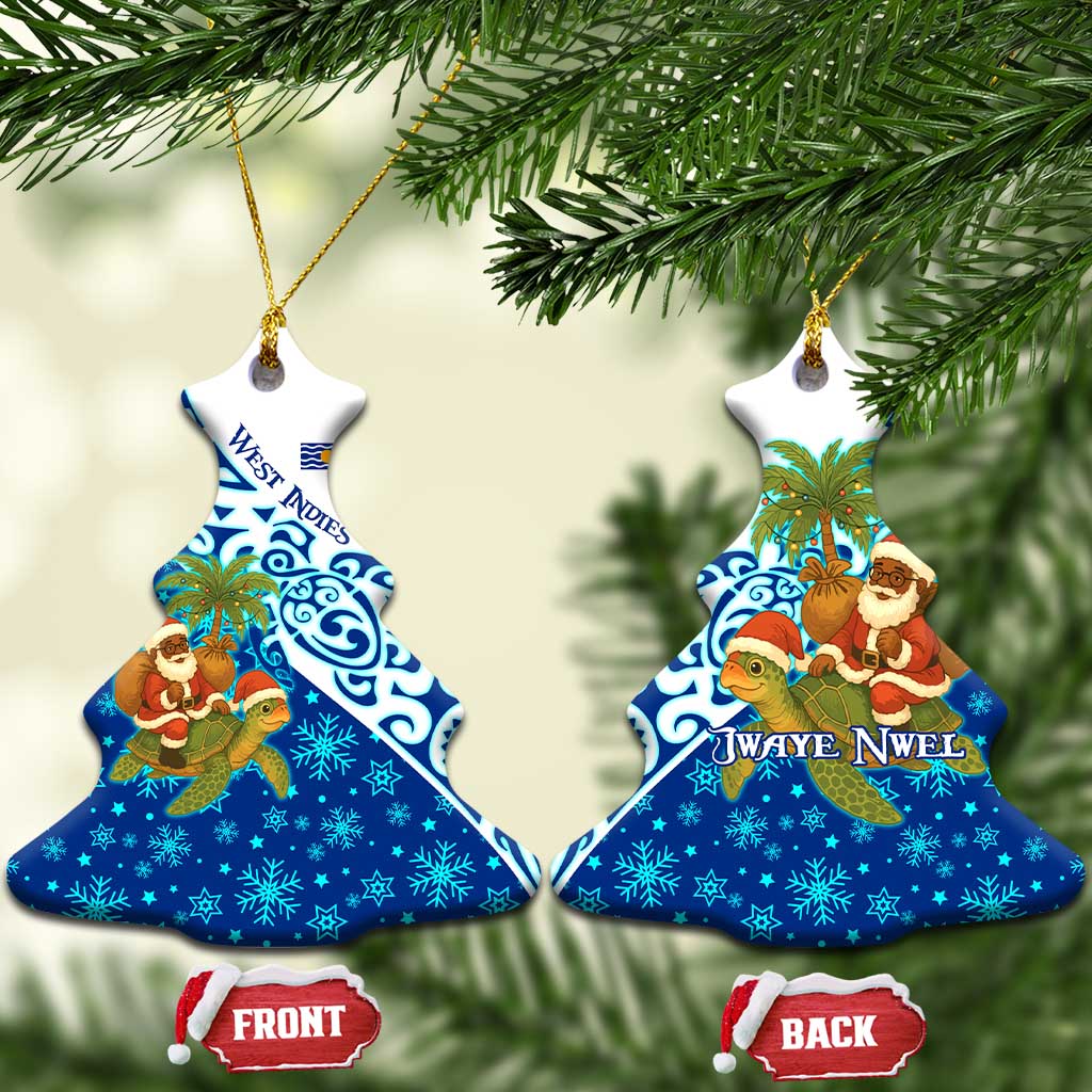 West Indies Christmas Ceramic Ornament with Santa Riding Turtle Palm Tree and Tribal Snowflake Design - Wonder Print Shop