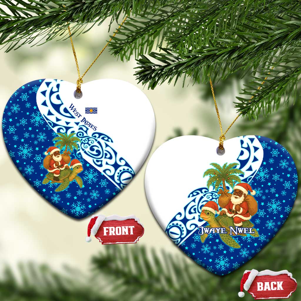 West Indies Christmas Ceramic Ornament with Santa Riding Turtle Palm Tree and Tribal Snowflake Design - Wonder Print Shop