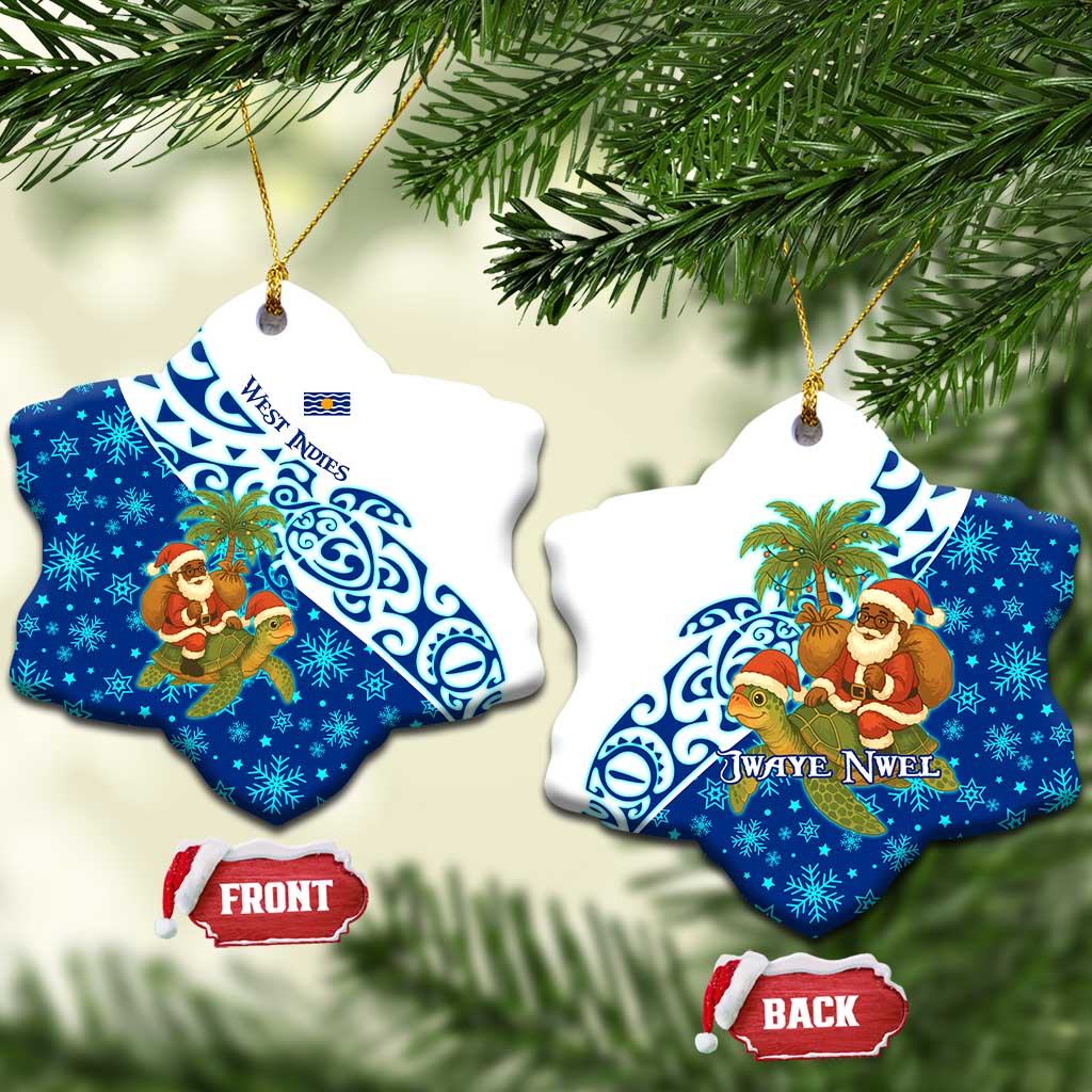 West Indies Christmas Ceramic Ornament with Santa Riding Turtle Palm Tree and Tribal Snowflake Design - Wonder Print Shop