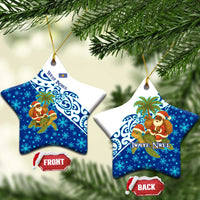 West Indies Christmas Ceramic Ornament with Santa Riding Turtle Palm Tree and Tribal Snowflake Design - Wonder Print Shop