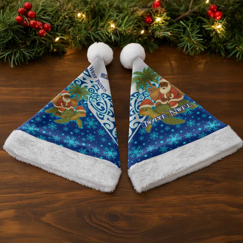 West Indies Christmas Santa Hat with Santa Riding Turtle Palm Tree and Tribal Snowflake Design - Wonder Print Shop