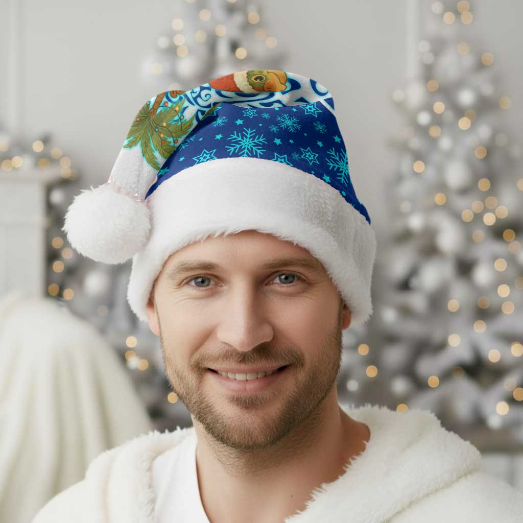 West Indies Christmas Santa Hat with Santa Riding Turtle Palm Tree and Tribal Snowflake Design - Wonder Print Shop