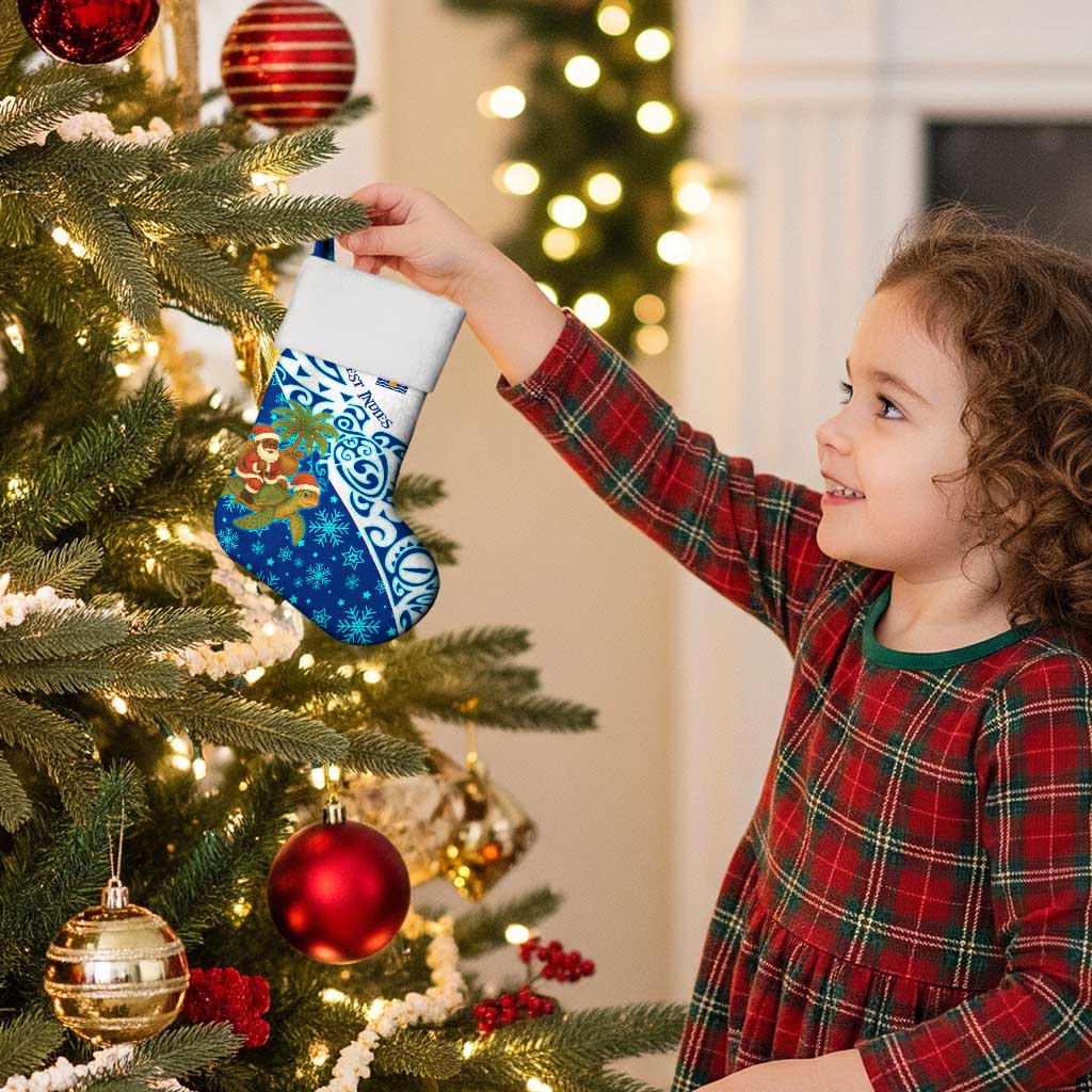 West Indies Christmas Stocking with Santa Riding Turtle Palm Tree and Tribal Snowflake Design - Wonder Print Shop