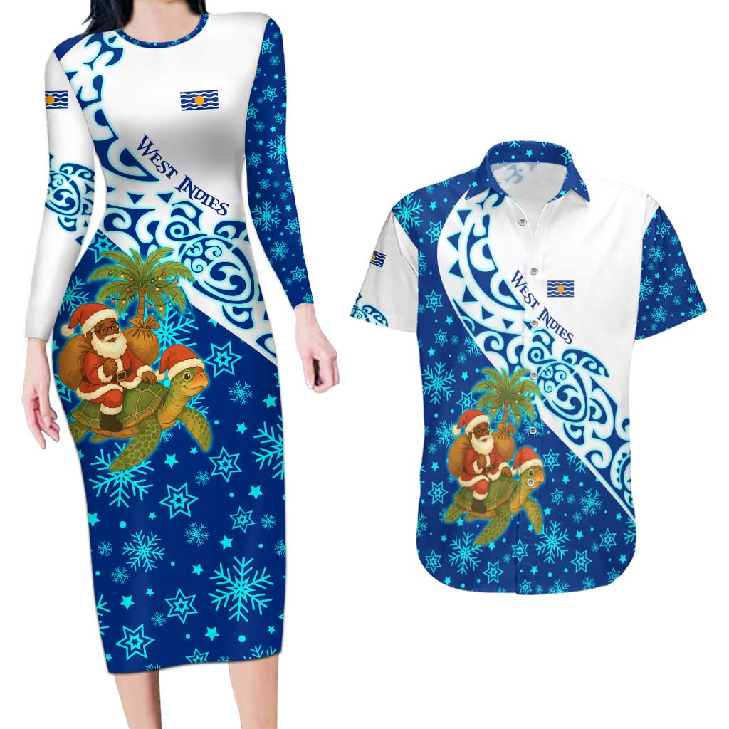 West Indies Christmas Couples Matching Long Sleeve Bodycon Dress and Hawaiian Shirt with Santa Riding Turtle Palm Tree and Tribal Snowflake Design - Wonder Print Shop