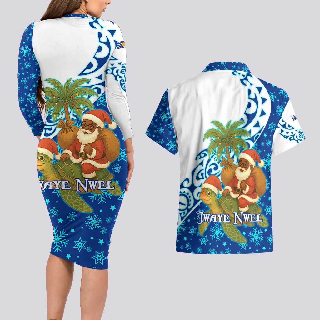 West Indies Christmas Couples Matching Long Sleeve Bodycon Dress and Hawaiian Shirt with Santa Riding Turtle Palm Tree and Tribal Snowflake Design - Wonder Print Shop
